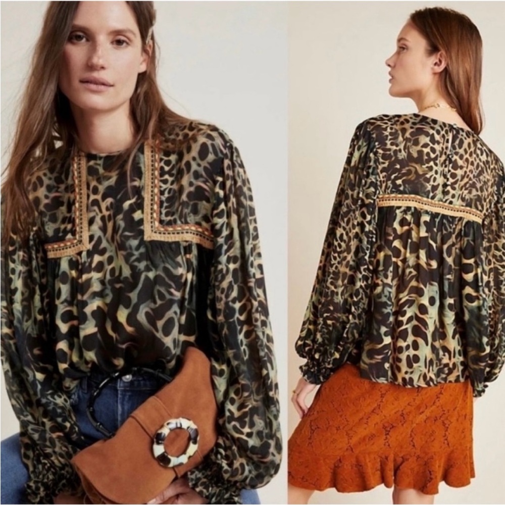 Anthropologie Joelle Leopard Peasant Blouse
